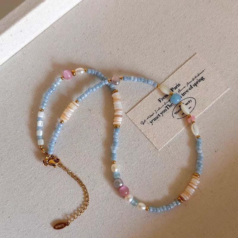 Temperament Sweet Dopamine Color Fresh Pink Blue Resin Beads Imitation Pearl Beaded Necklace for Women Collar Chain Jewelry Gift