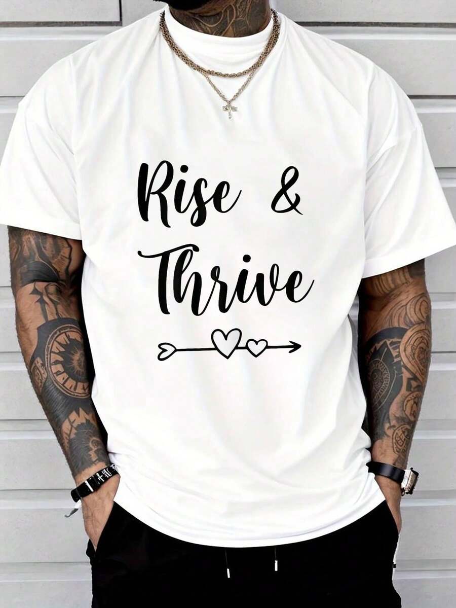 

Rise Thrive, Motivational Quotes Printed White Unisex T-Shirt, Short-Sleeved Crew Neck Casual Top L