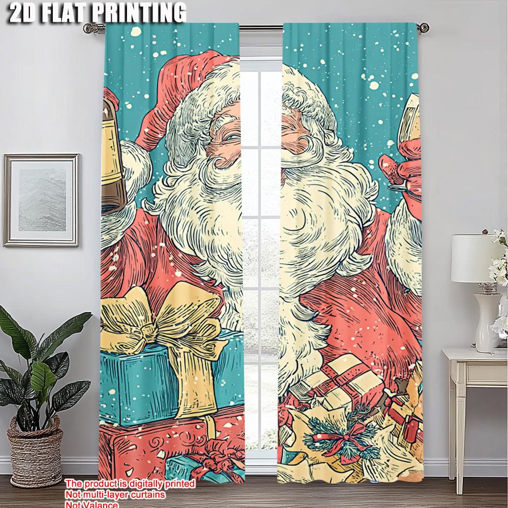 2pcs,2D plane printing Contemporary Curtains Merry Christmas Santa Claus_ Champagne & Gifts Durable 100% Polyester Fabric