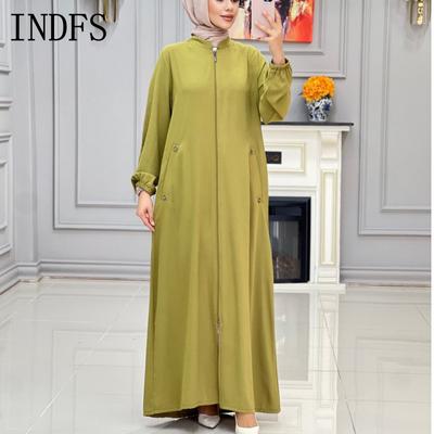 INDFS Women's Fashion Spring Fall Solid Color Print Long Sleeve Stand-Neck Loose Waistline Casual Dresses