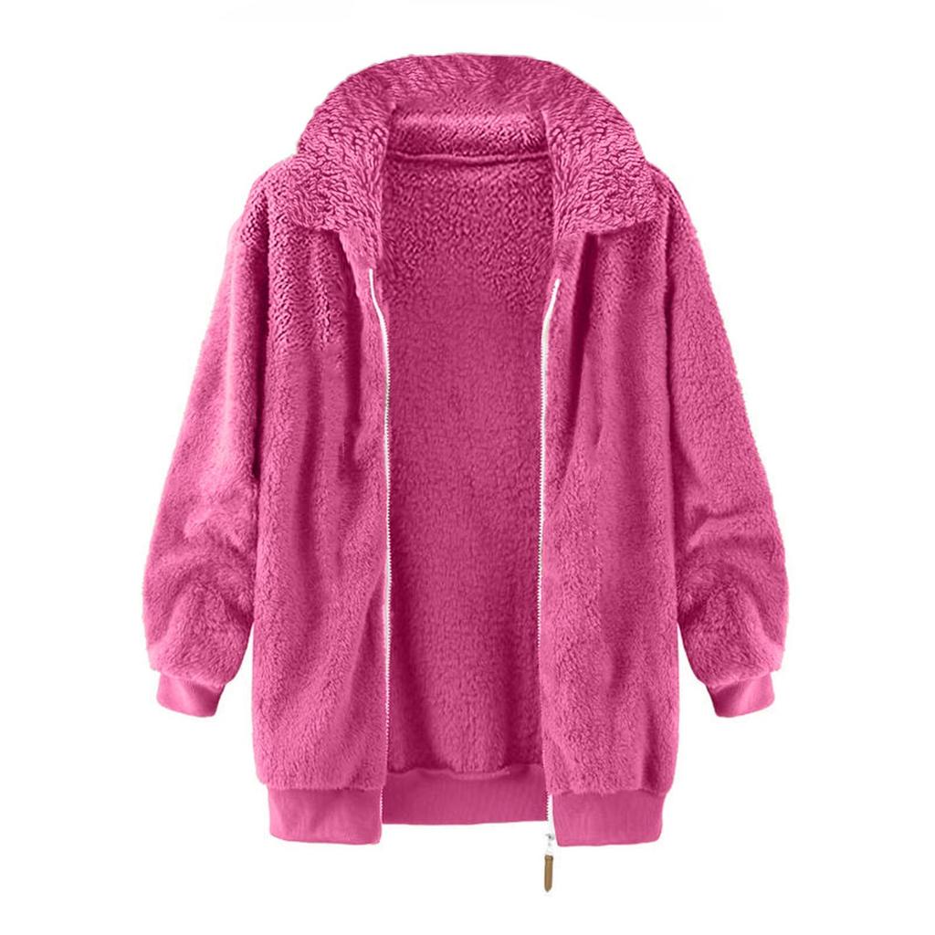 Women's Casual Color Loose Plush Zippered Flip Collar Jacket With Pockets