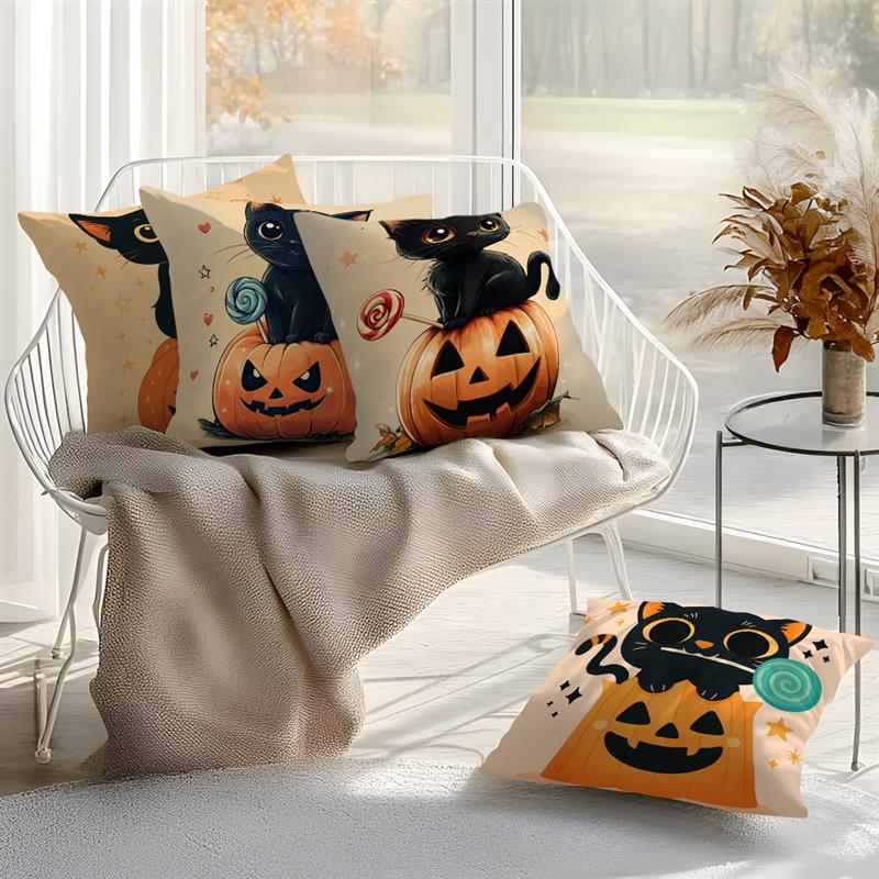 Home Decor Cute Black Cats with Pumpkins and Lollipops Pattern Cushion Cover Suitable for Sofa Bedroom Car Pillow Cover
