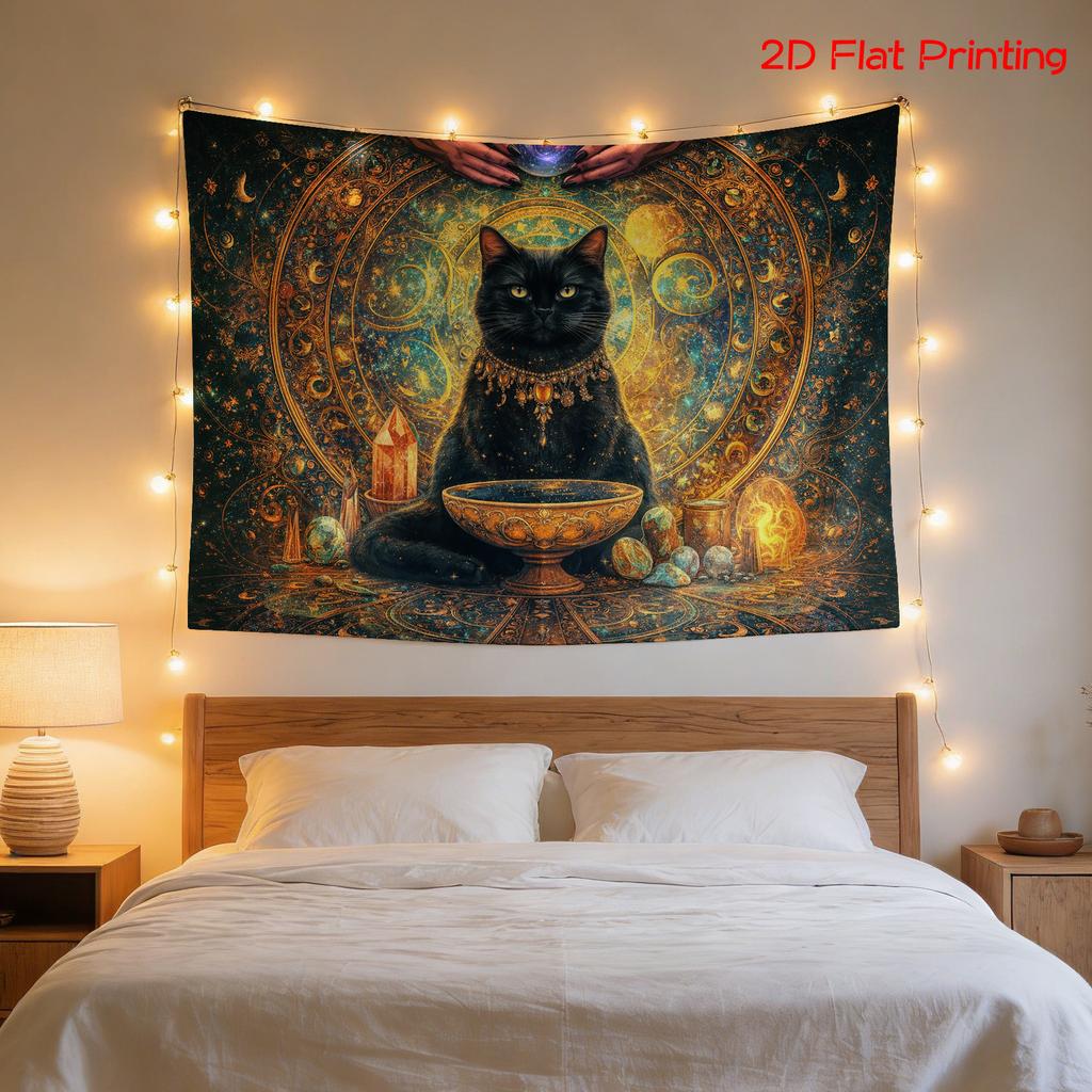 Boho Cosmic Cat Tapestry Wall Hanging Black Cat Astrology Boho Home Decor Mystical Polyester Print Celestial Zodiac Tarot Room D