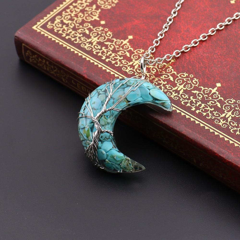 Chakela Natural Crystal Gravel Resin Winding Tree Of Life Moon Pendant Crescent Necklace N755
