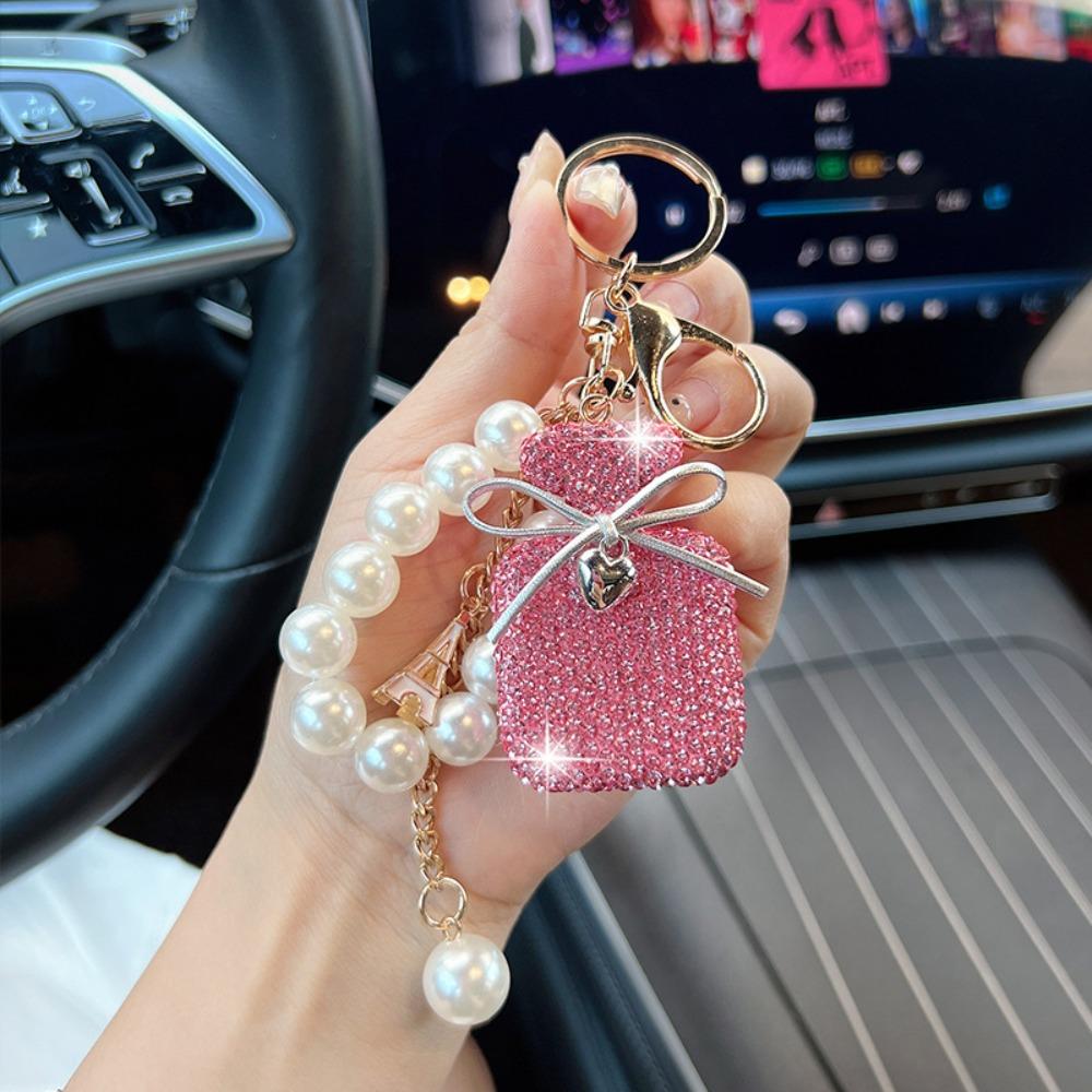 Pearls Perfume Shape Keychain Rhinestone Inlaid Perfume Shape Keyring  Fashion Accessory
