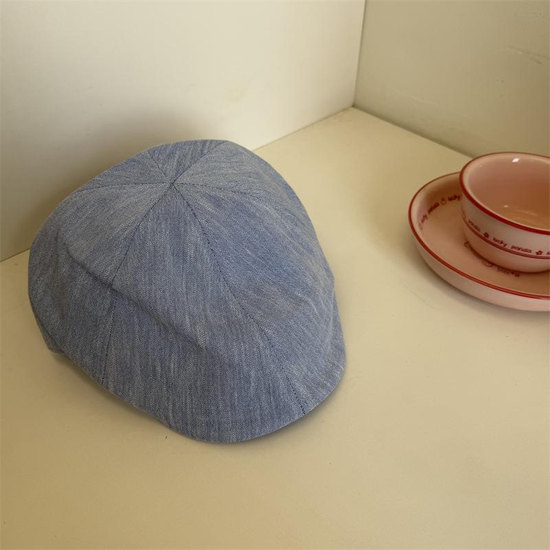 Retro linen gray forward hat women's summer casual versatile fashion cap showing face small literary beret