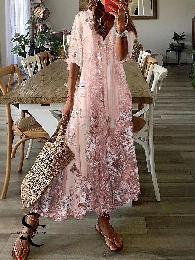 Floral printing V-neck casual loose short-sleeved long skirt women s 2026 summer new slim skirt S