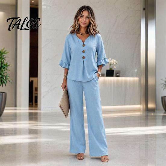 Breathable Summer Pants 2 Piece Sets for Women, Casual Ruffle 3/4 Sleeve Buttons V Stretchy Waist Neck Top And Wide Leg Matching Set, Loose