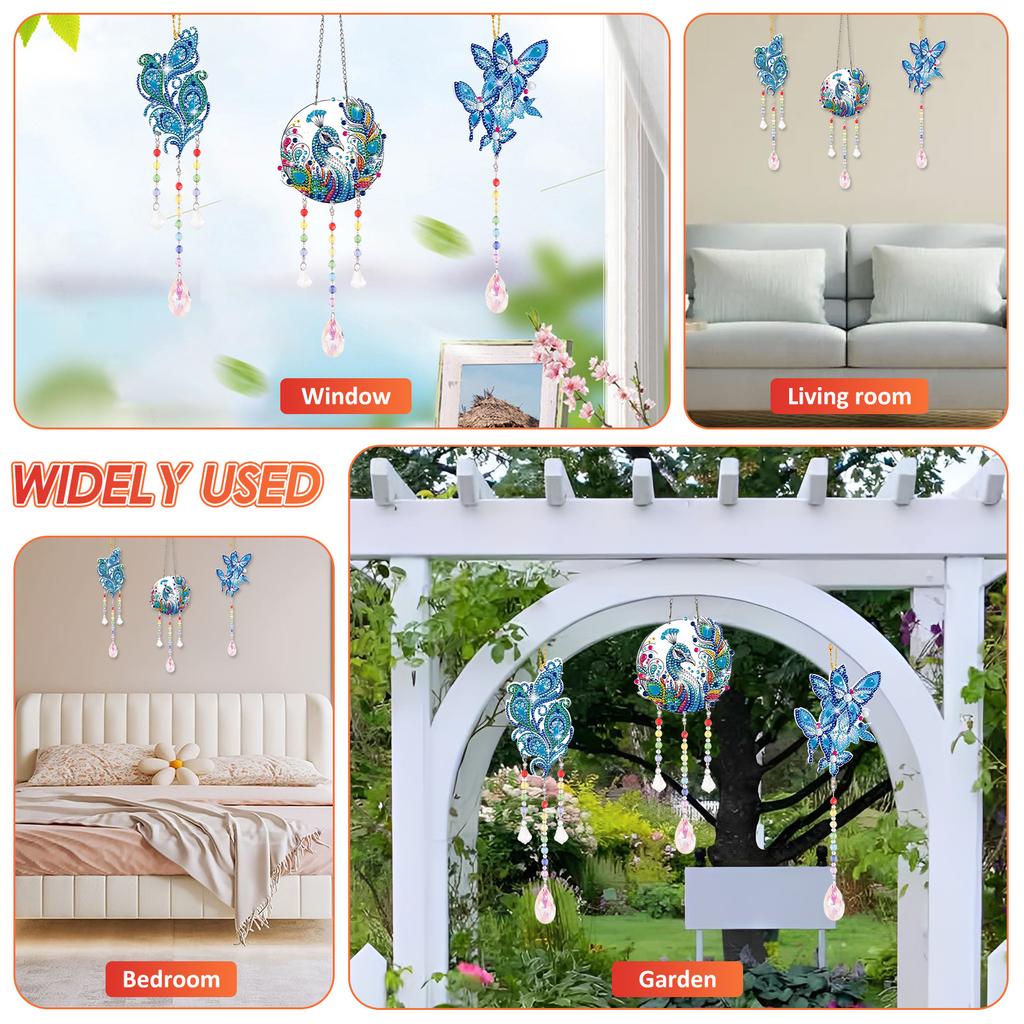 3Pcs Diamond Art Kit for Kid Wind Chime Craft DIY Sun Catcher Crystal Pendant with Diamond Pen Hang On Window Ceiling Balcony