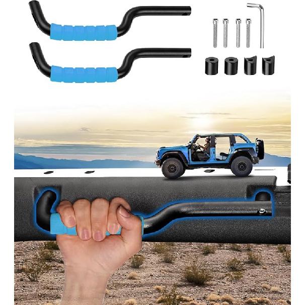 4 PCS Grab Handles for 2021-2025 Ford Bronco 4 Door Front&Rear Roll Bar Grab Handles,Upgraded Non-Slip Cotton Blue Grip Handles for Bronco Interior Bronco Front Grab Handle(