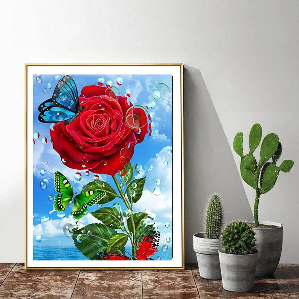 HUACAN 5D DIY Diamond Painting Rose Full Drill Square Diamond Painting Flower Mosaic Butterfly Picture Of Rhinestone Home Decor