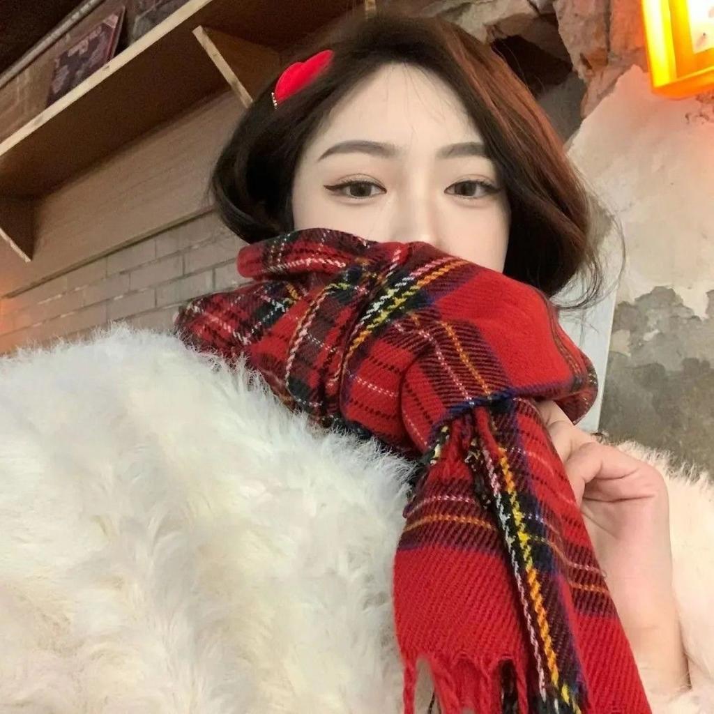Red Plaid Warm Tassel Atmosphere Scarf Birthday Christmas Gift Winter Versatile Student Couple Shawl Women