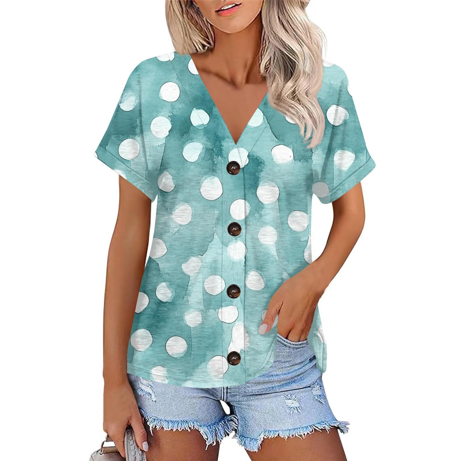 

Женская мода с короткими рукавами и V-образным вырезом, повседневная футболка с пуговицами S