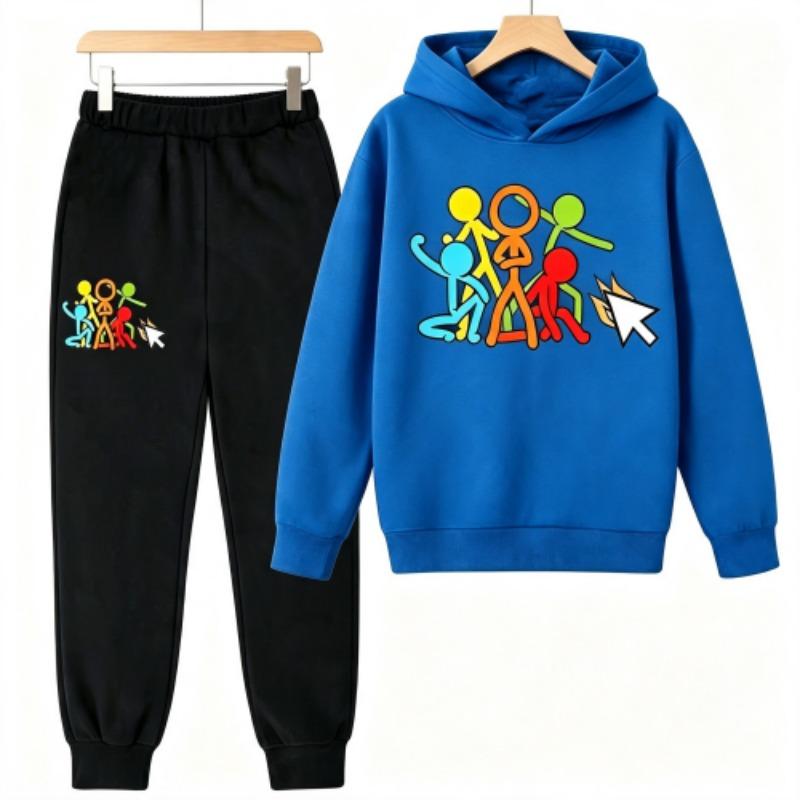 Creative Character Actions Print Kids Pullovers Pants 2-piece Set Street Casual Fashion Hoodies Vintage Boy's Girl Clothes