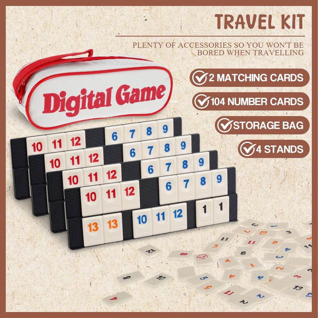 Rummy Cube Game With 4 Racks 104 Rummy Cube Game Set With Portable Case Rummy Tiles Travel Set For Family Classic Board Games