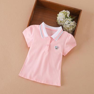 Toddler Girls 2024 New Summer Short Sleeves Kids Clothing Baby Girls' Cartoon Patched Striped Trim Polo Shirt