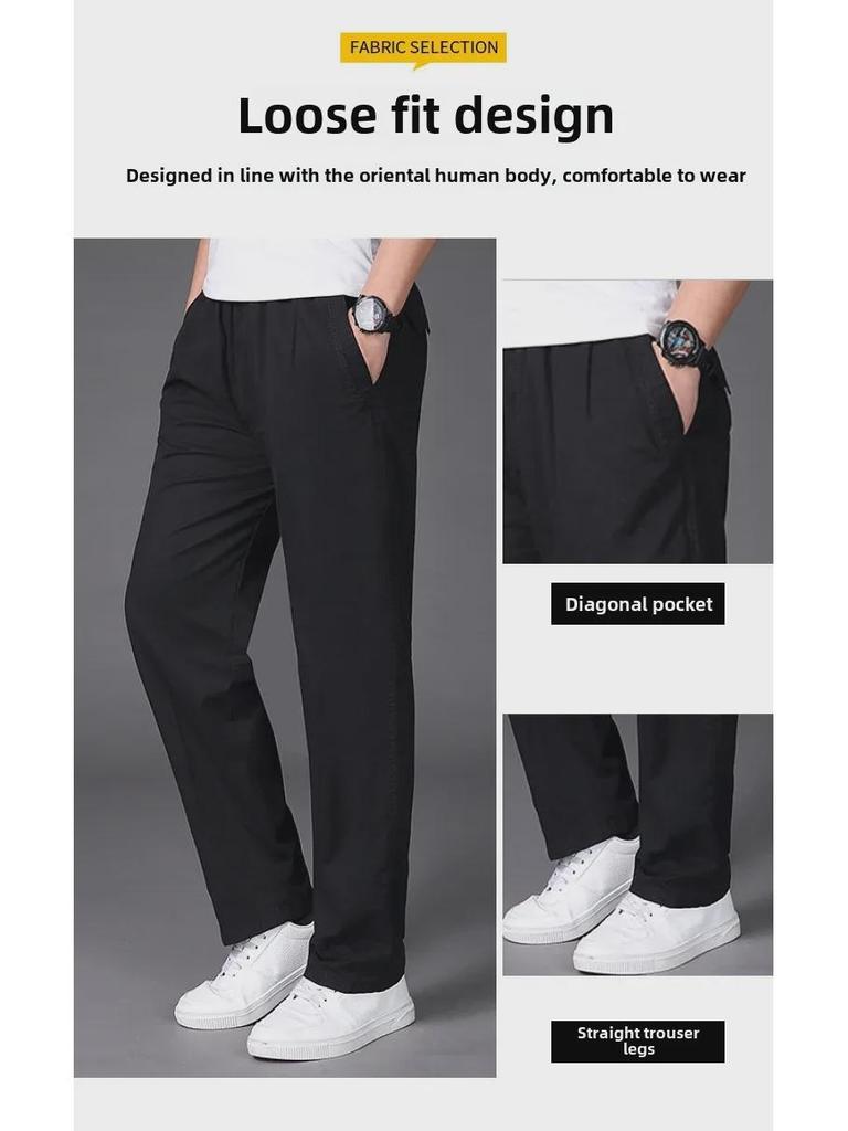Heren Casual Losse Broek met Meerdere Zakken, Elastische Taille, Plus Size, Effen Kleur, Dun voor Lente en Herfst