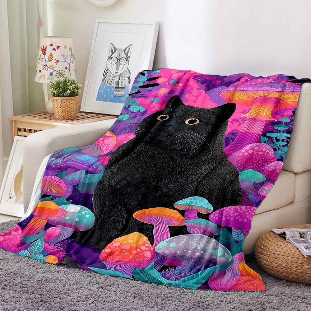 1pc Mushroom Fantasy Cat Blanket, Lightweight Flannel Throw Blanket For Sofa, Bed, Travel, Camping, Living Room, Office, Couch, Chair, And Bed