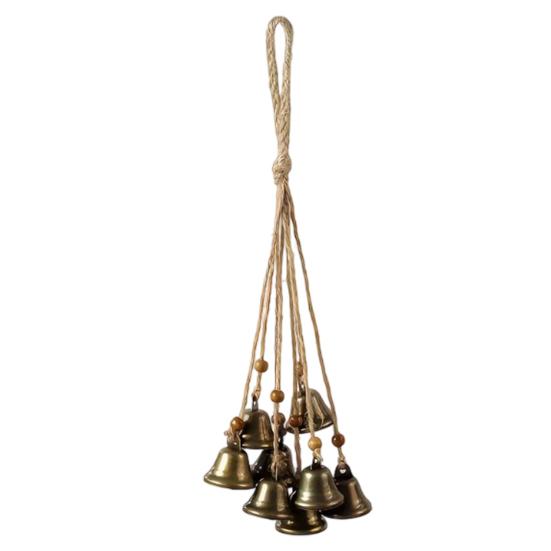 Vintage Bronze Bell Craft Bohemian Metal Pendant with Wooden Beads & Jute Rope, Retro Rustic Garden Chime Hanging Wind for Home Window Door