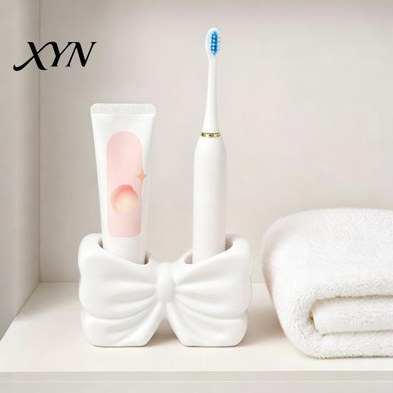 Bathroom Storage Cup 3D Printed Bow Toothbrush Holder, Adhesive with Dual Holes for Pink White Organizer & Toothpaste, Cute Decor, Minimalist