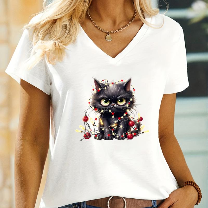 Black Christmas Angry Cat Design T Shirts Womens Short Sleeve Shirt Funny Cute Kitten V Neck Tshirt Women Fashion Animal Tshirt