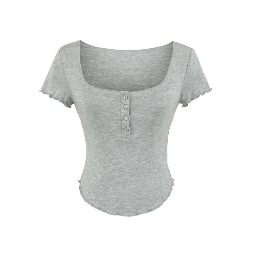 Square collar button short-sleeved T-shirt women's summer new American Spice Girl style slim-fitting curved hem bottoming top