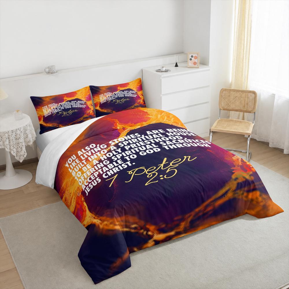 Living Stones 1 Peter 2 5 Bible Verse Bedding set (1 duvet cover, 2 pillowcases, duvet not included), Purple Orange Fire Art Print
