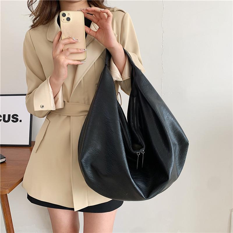 Vintage Shoulder Hobo Bags for Women Soft PU Leather Pure Color Large Capacity Shopping Totes Latest Fashion Handbags