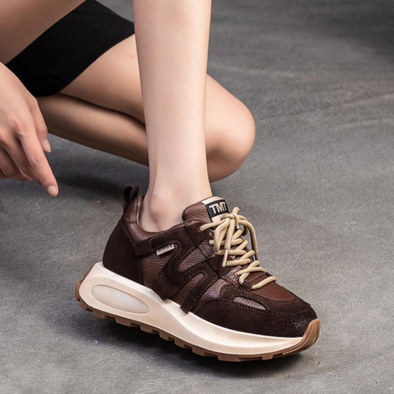 Johnature Zapatillas de deporte de cuero genuino, zapatos deportivos casuales versátiles, zapatos planos con cordones y punta redonda para mujer