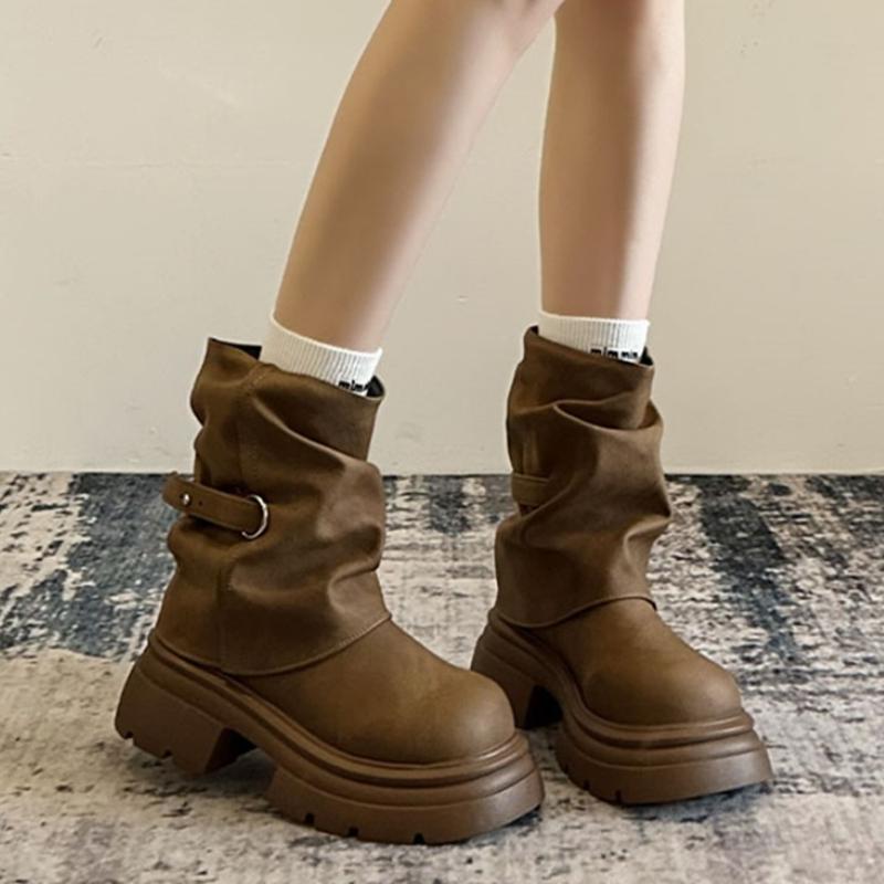 Fashion Fashion Thick Heel Women Ankle Boots Punk Style Round Toe Slip On Shoes Autumn Winter Western Cowboy Booties