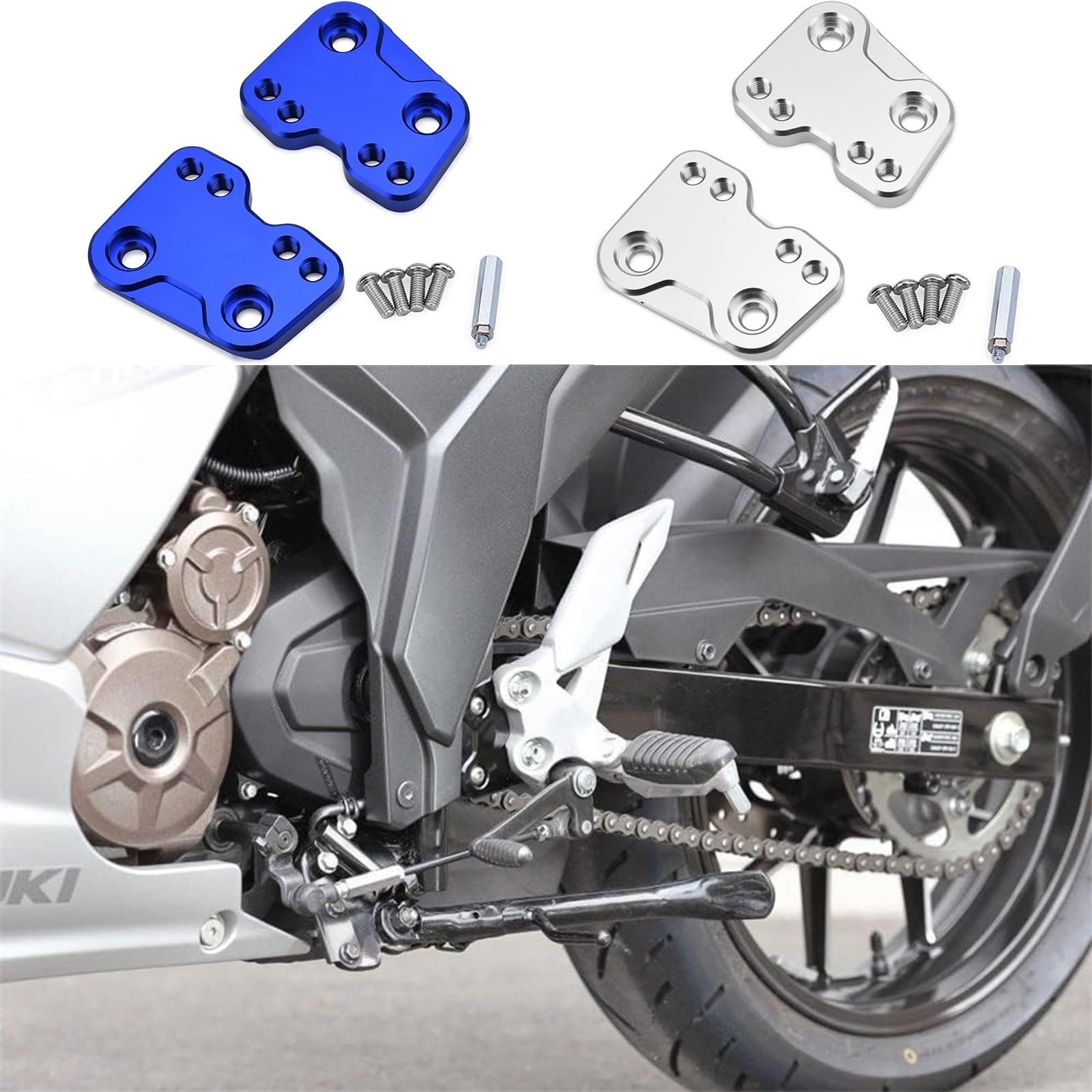 

CNC Aluminum Step-Up Bracket for Motorcycles, Compatible with Gixxer 250 and Gixxer SF250, 40-42mm Backward/13-25mm Upward (Silver)
