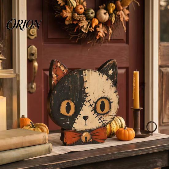 Atmospheric Retro Interior Ornaments Halloween Wooden Ornaments, Distressed Pumpkin/Cat Decorations, Desktop & Wall Artistic Home Office Decor Decors