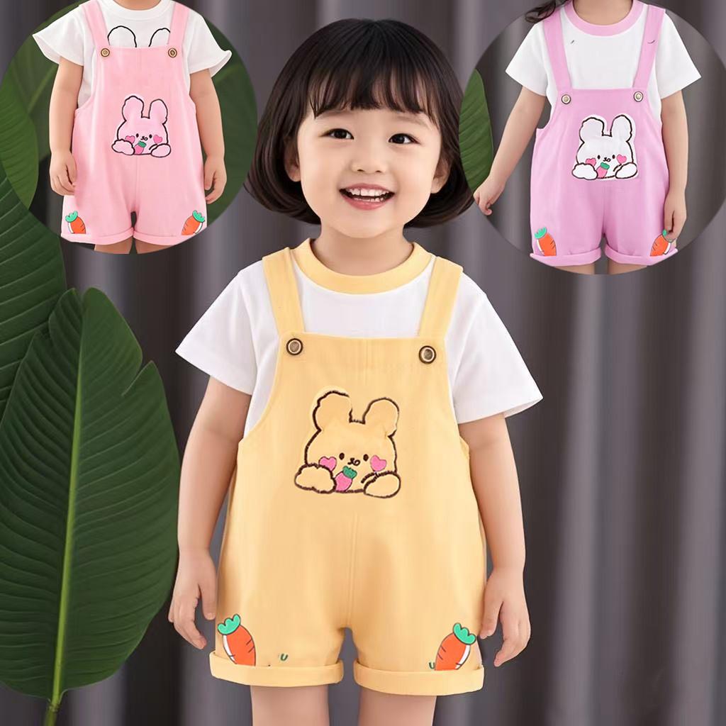 Girls' summer short sleeved set, new baby carrot rabbit overalls, girls' summer two-piece set
