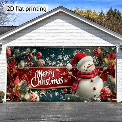 2D Door Banner, 1 Piece, Christmas Snowman Cheer [2D Flat] Large Garage Door Cover, Fade Resistant, No Electricity Requi