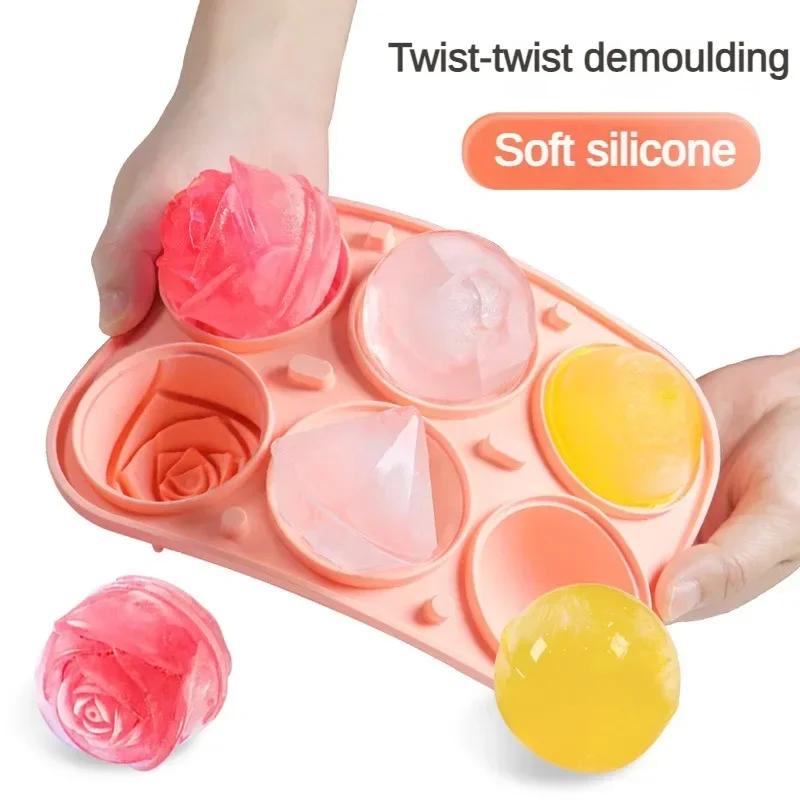 4 Grid Ice Cube Tray 3D Rose Diamond Round Ice Cube Molds Flower Shape Silicone Ice Maker Kitchen Bar Utensil Tool Accessorise
