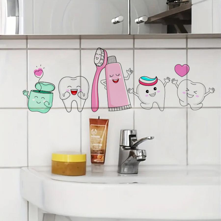 Dental Health Wall Stickers with Cute Tooth Characters Toothbrush And Floss DesignsStick Decals for Bathroom Lavatory Decor.