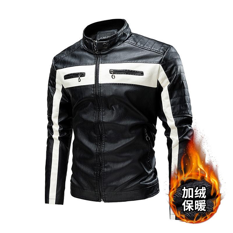 Men's leather jacket locomotive splicing fashion slim stand-up collar autumn and winter velvet outdoor sports and leisure men's jacket spot