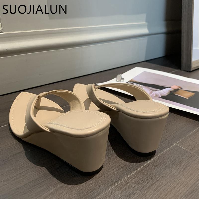 Fashion SUOJIALUN 2024 Summer New Brand Women Slipper Fashion Pointed Toe Slip On Flip Flop High Wedge Heel Ladies Beach Slides Shoes