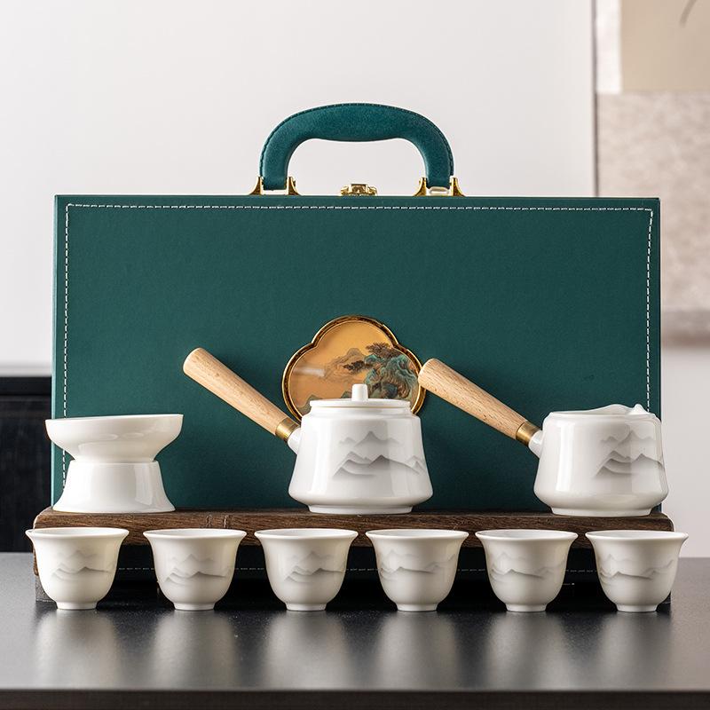 The Whole Set of Suet Jade White Porcelain Side Pot Set, a Full Set of Kung Fu Tea Set, Home Office Business Tea Set Gifts