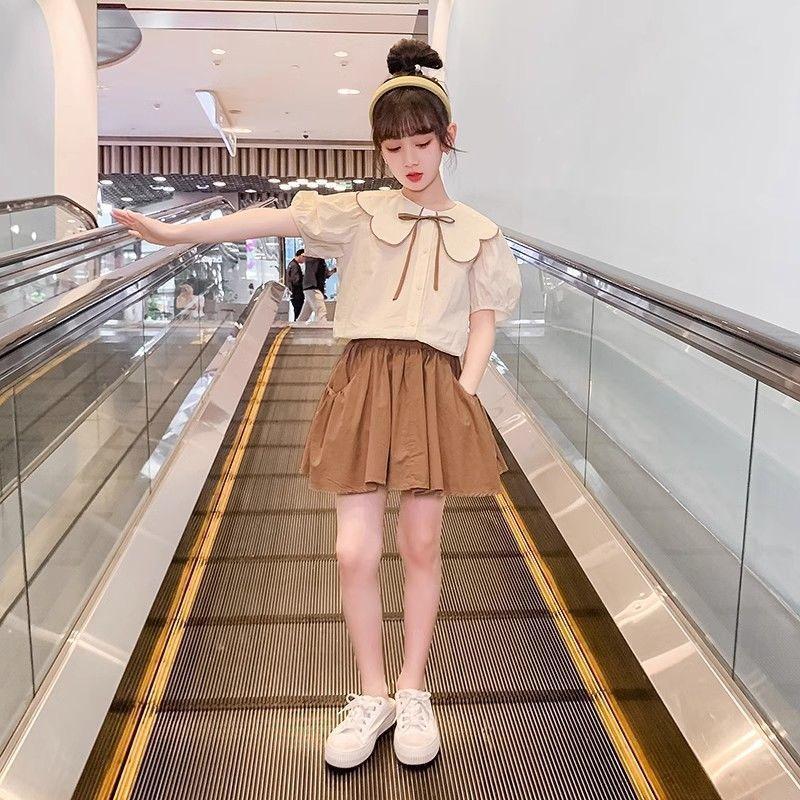 Girls Summer Fashion Two Piece Set Cute Peter Pan Collar Short Sleeve Top And Skirt Trendy Kids Clothing