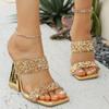 Fashion Super High Heels Gold Sequined Sandals Women Strange Heeled Summer Fashion Square Toe Slides Woman Party Wedding Gladiator Shoes