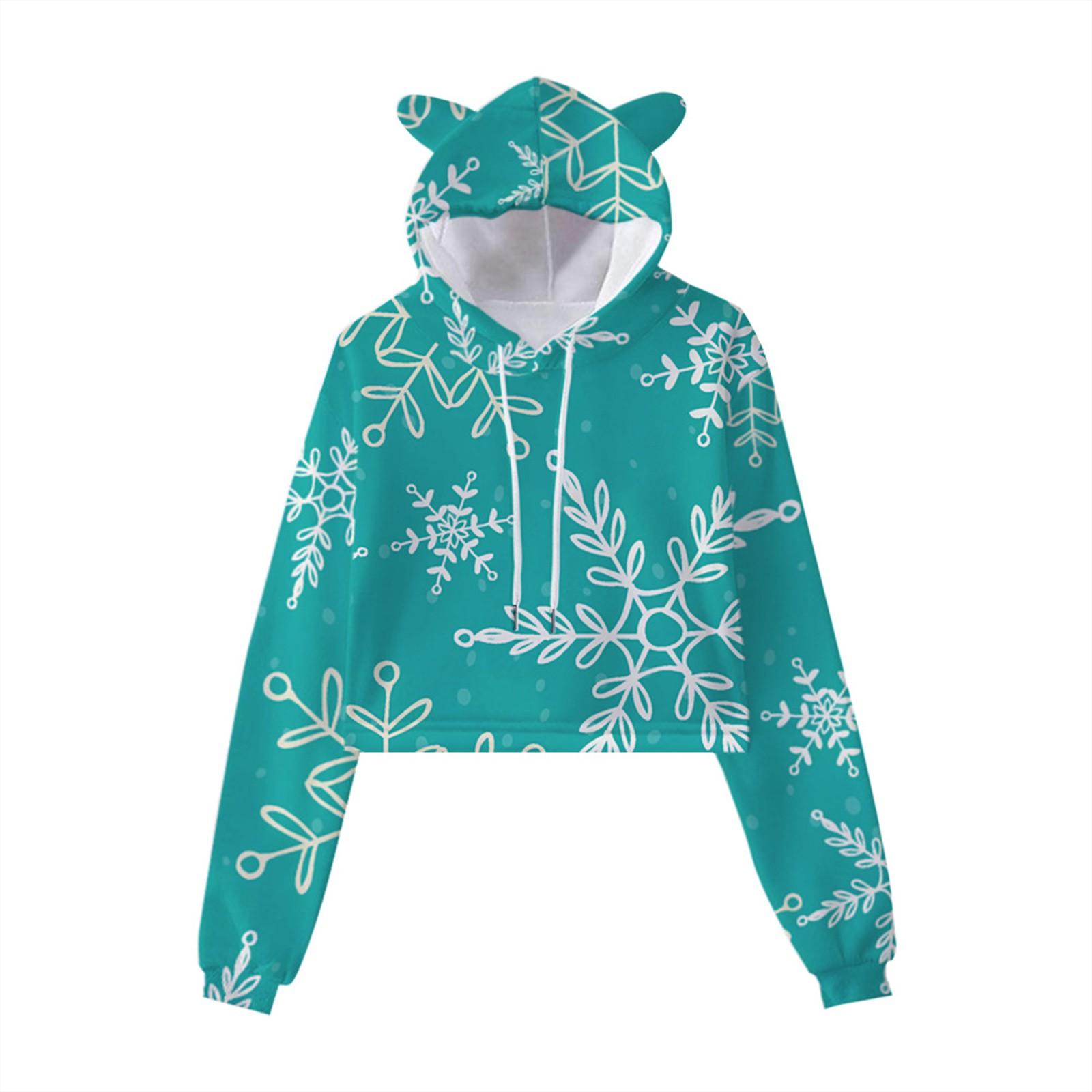 

Женский модный свободный укороченный топ с капюшоном и длинными рукавами с рождественским принтом