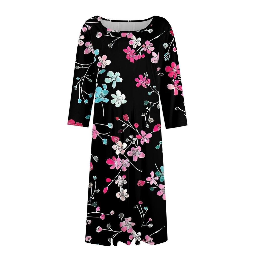 Women's Casual Fashion Round Neck Three Quarter Sleeve Print Midi Dress