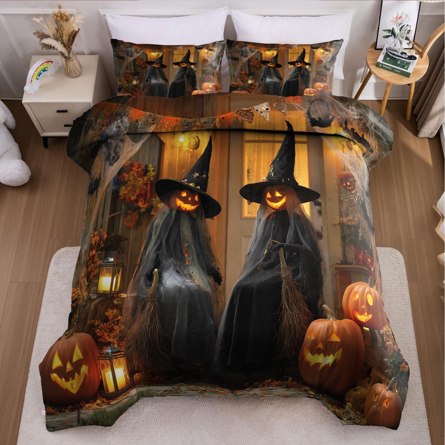 

3pcs Christmas Duvet Cover Set without Core Quilt Cover with 2 PillowcasesSoft and Machine Washable Halloween Themed Bedding EU Twin(135x200cm)