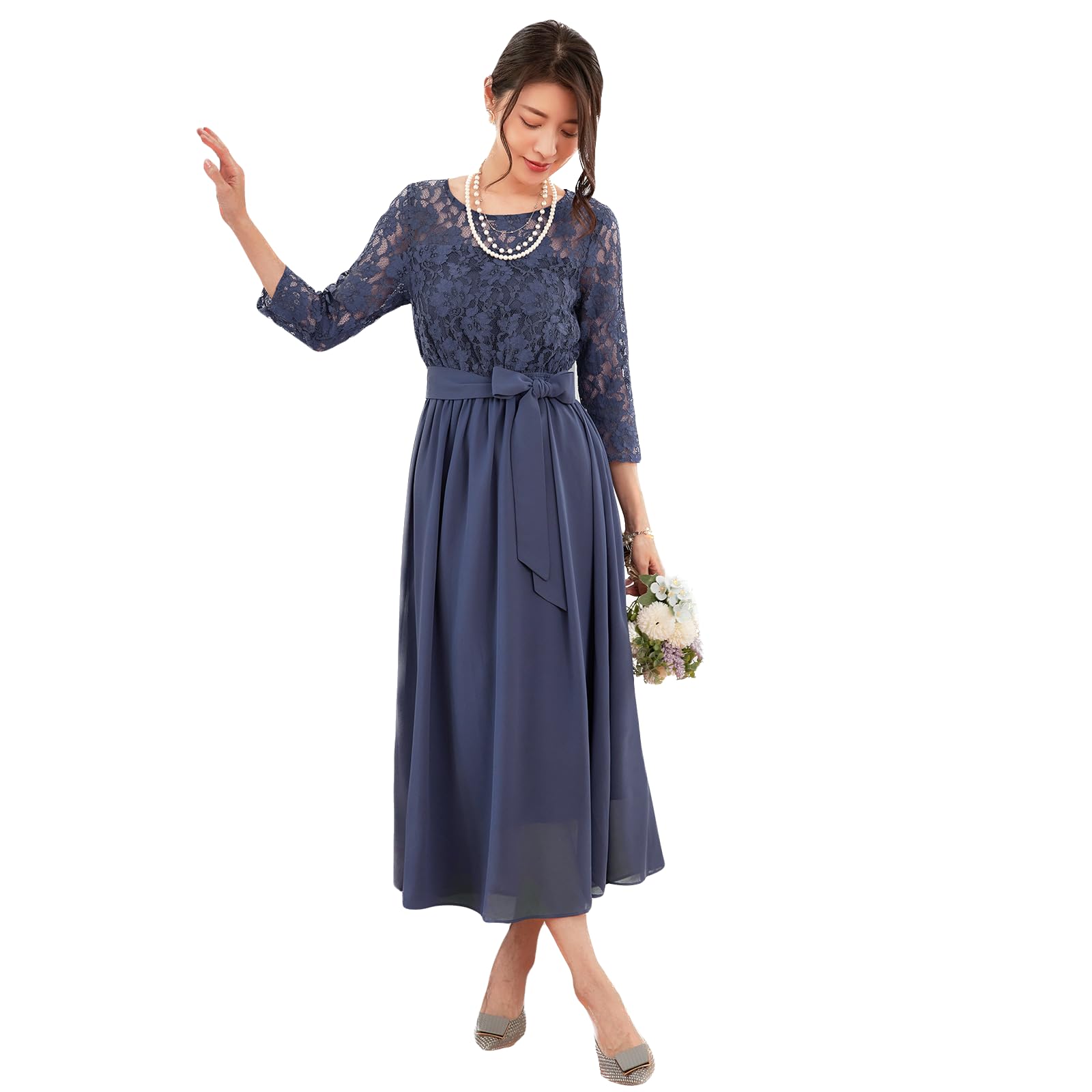 

Кружевное вечернее платье DEEPEYES с круглым вырезом и длинным расклешенным подолом, рукава 3/4, для женщин, темное, (XL, Синий) темно-синий