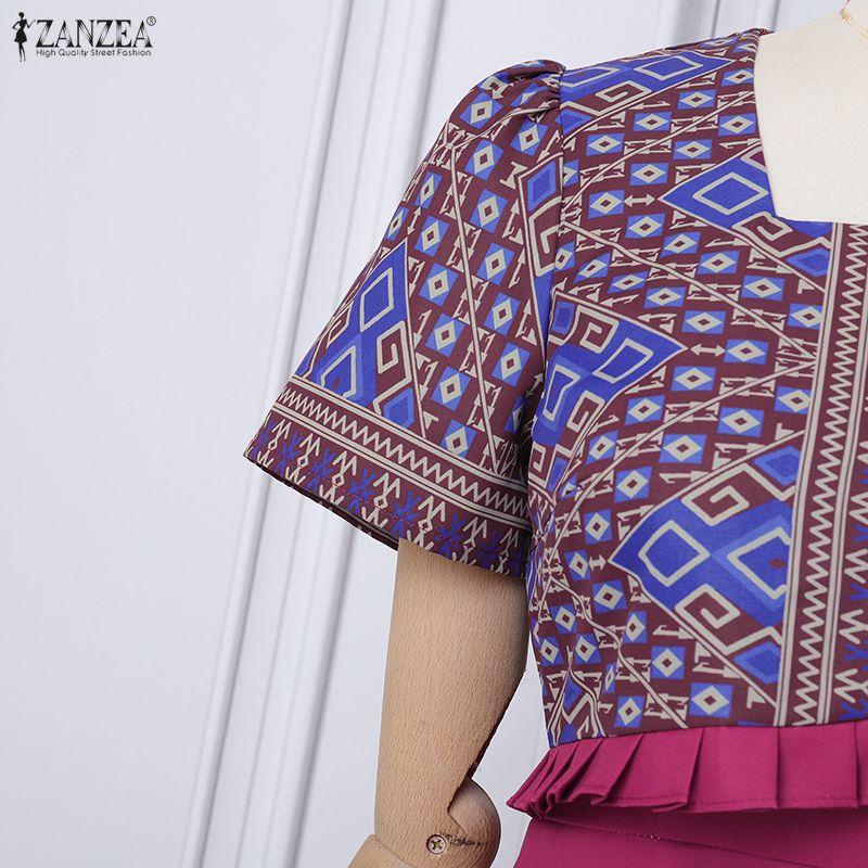 ZANZEA Women Casual Square Collar Short Sleeve Retro Print A-Line Dress