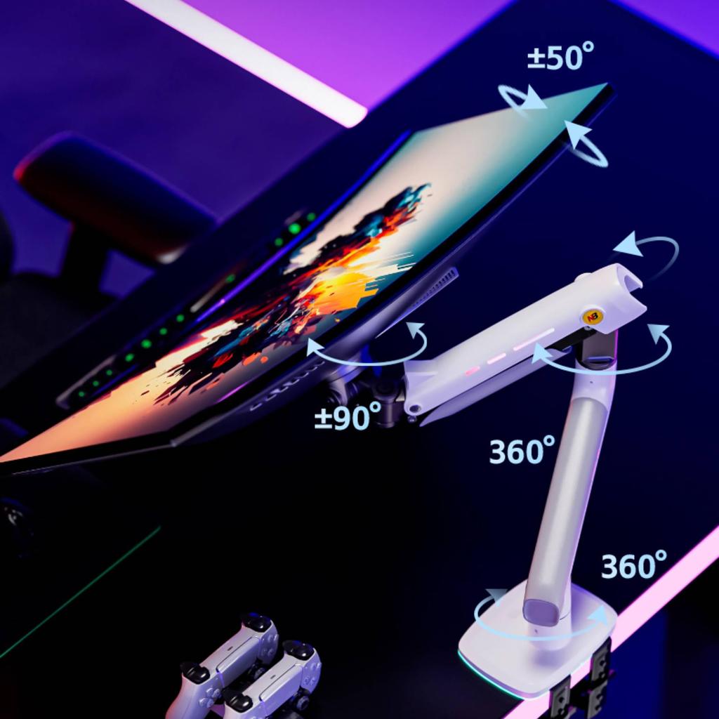 NB ERGONOMIC Large Monitor Arm with RGB Load Capacity of Supports Up To Curved Gaming Monitor Curved Monitor Mechanical VESA White Lighting,