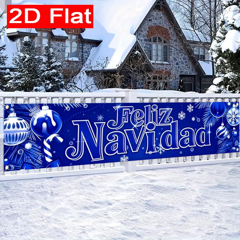 Spanish White Merry Christmas Christmas Yard Banner, Polyester Outdoor Fence Decor Garden Sign