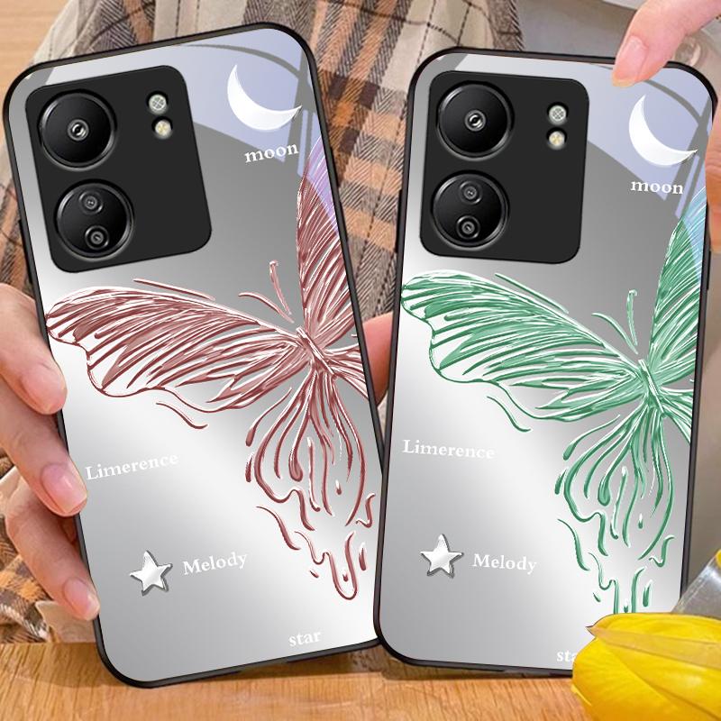 Metallic Butterfly For Xiaomi Redmi 13C Note13 12 Pro Plus 5G Note 9 13T Pro POCO X6 F5 F6 Black Tempered Glass Phone Case