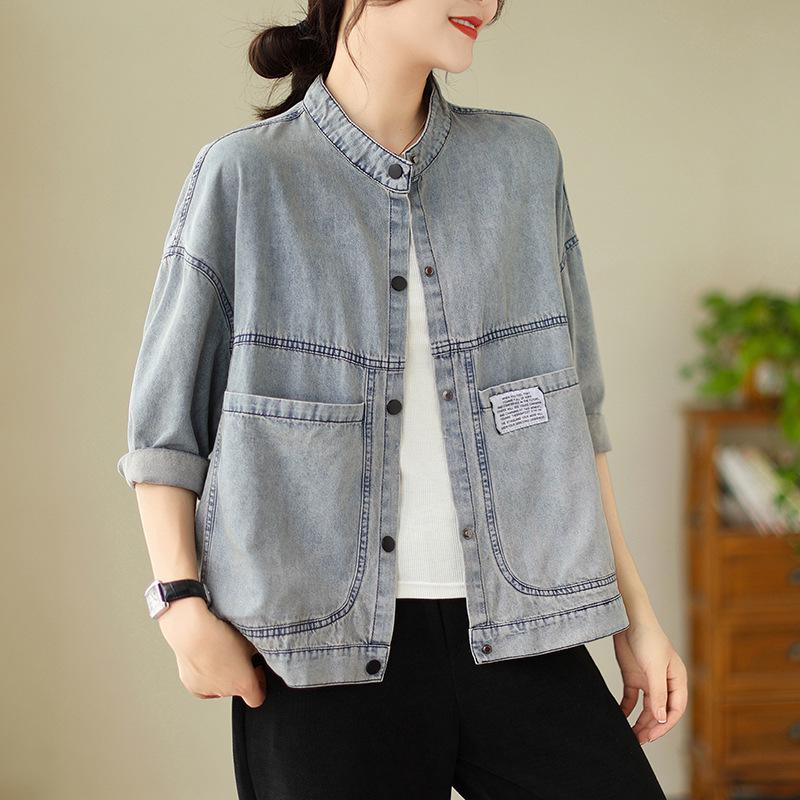 

Women s Retro Washed Denim Short Jacket: Autumn Korean Style with Patches and Stand Collar 2XL